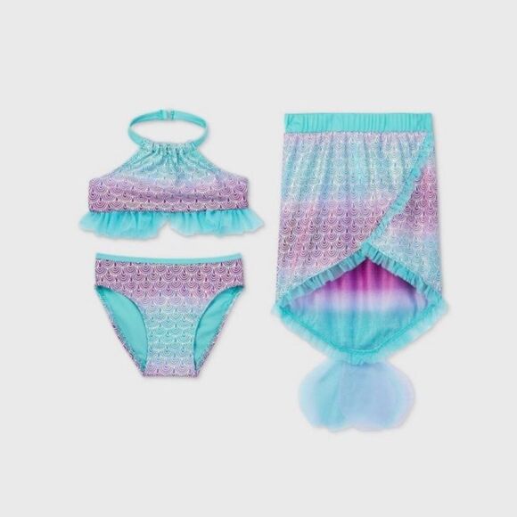 Toddler Girls' 3pc Mermaid Scale Top and Skirt Bikini Set - Cat Jack Blue 12M